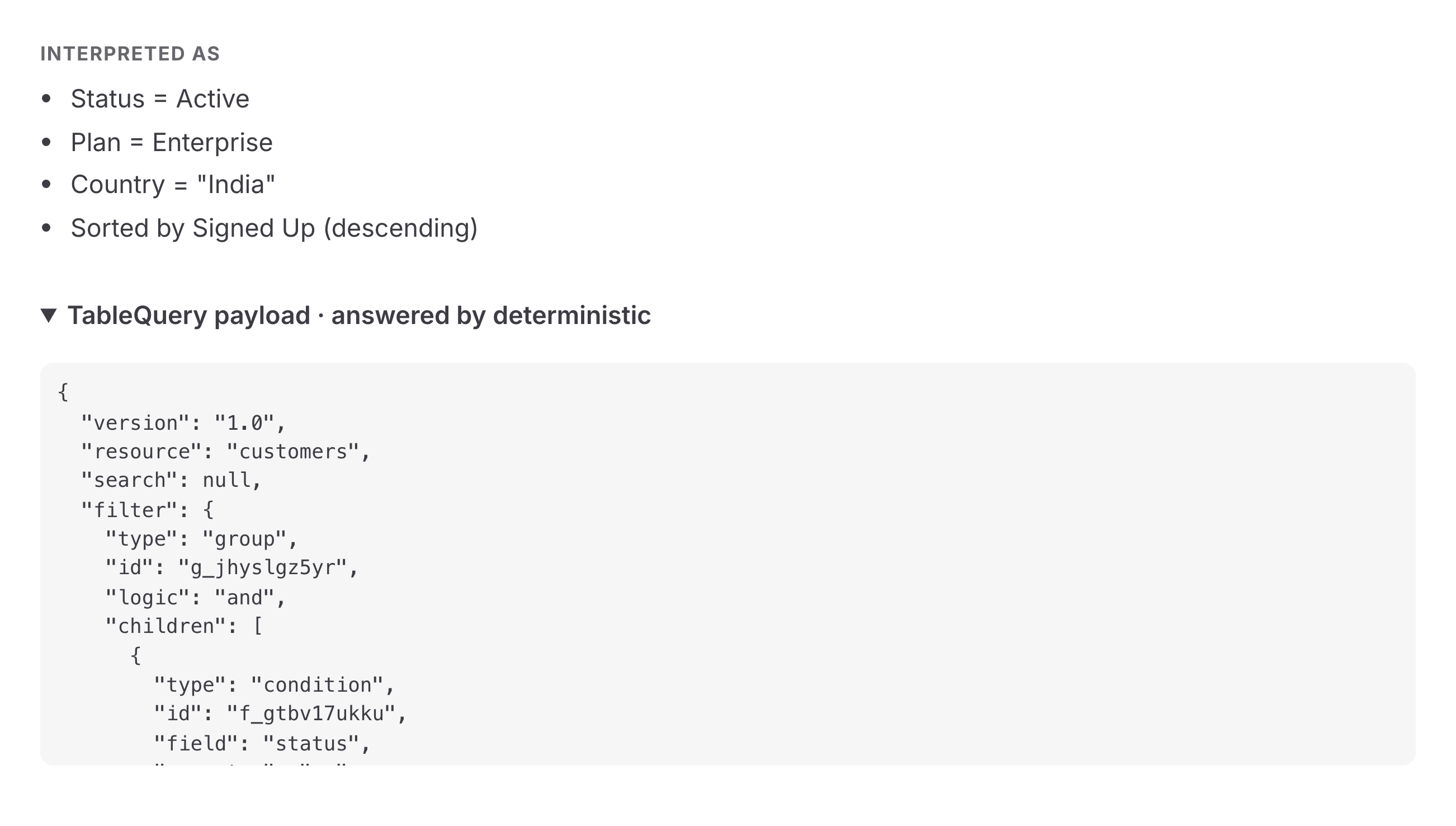 The "Interpreted as" explanation list and the TableQuery JSON payload.